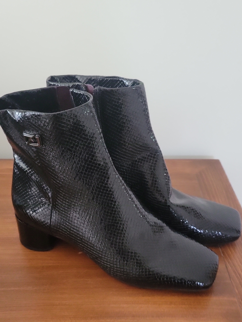 Franco Sarto Black Patent Snake-Texture Ankle Booties